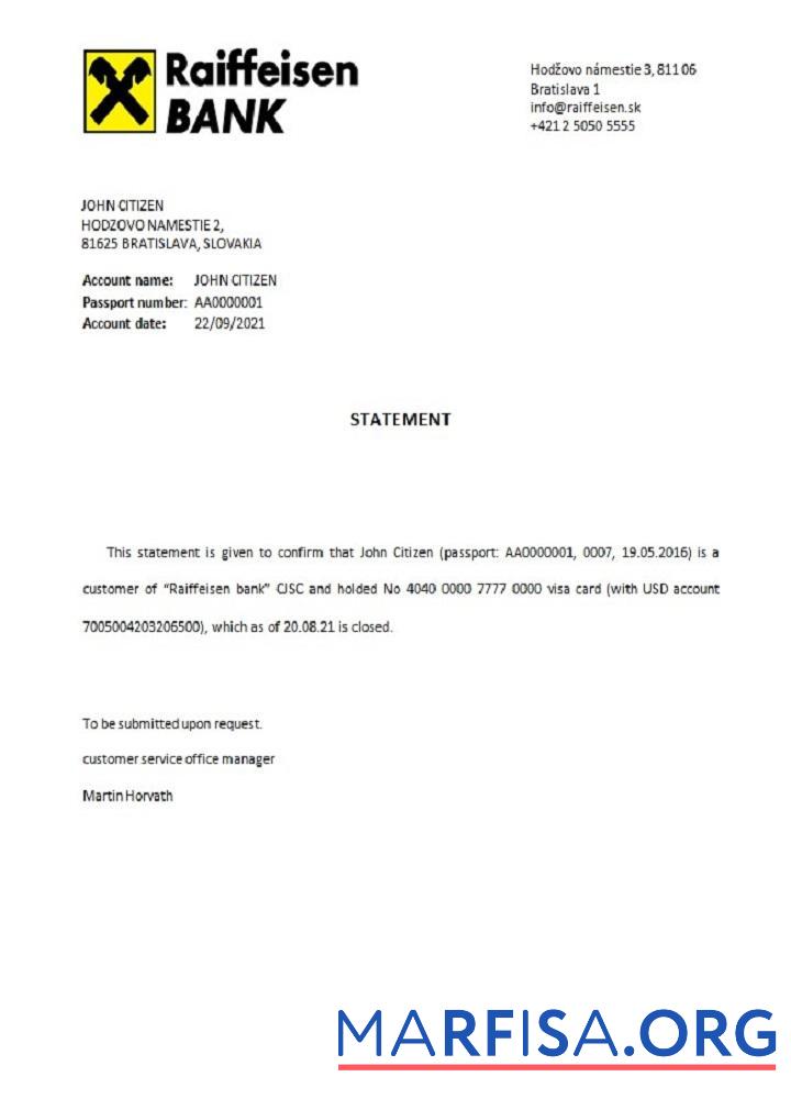 Blank Slovakia Raiffeisen closure reference example